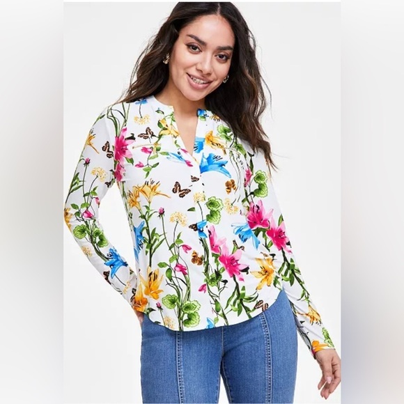 I.N.C. International Concepts Petite Printed‎ Zip-Pocket Floral Top - Size L - Picture 1 of 7
